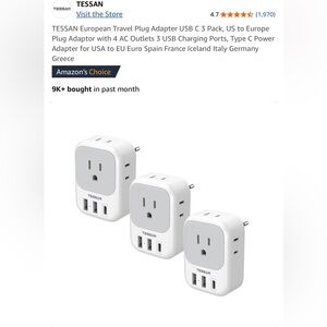 Travel Plug Adapter USB C 3 Pack, US to Europe Plug Adapter for USA/EU